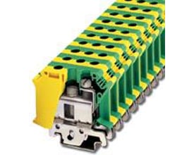 Phoenix Contact UISLKG 35 jordklemme i grøn/gul, med synlig skruetilslutning og 15 mm bredde monteret på skinne.