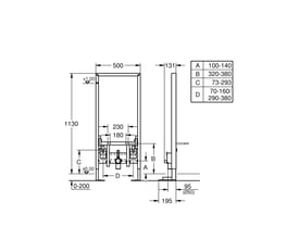 Detaljeret teknisk tegning af Grohe Rapid SL bidet-monteringselement med mål og A-B-C-D felter.