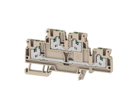 Detaljeret vinkel af Weidmüller S2T 2.5 SNAP IN gennemgangsklemme, beige, med tydelige interne tilslutningsmekanismer og 4 vandrette punkter.