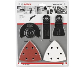 Bosch Starlock universalsæt i emballage, viser alle 13 dele samt montagevejledning og produktinformation.