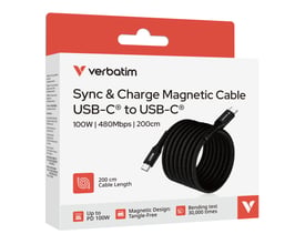 Verbatim Sync & Charge USB-C-kabel i sort på emballagen, med oplysning om 100 W og en længde på 2 meter.