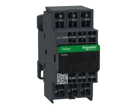 Nærbillede af Schneider Electric TeSys D kontaktor med mærkat der viser LC1 D383, 13 NO, 21 NC, 14 NO, 22 NC og A1/A2 terminaler.