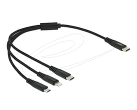 Sort DeLock 3-i-1 USB-C-opladerkabel på 30 cm med USB-C-, Lightning- og Micro-USB-stik.