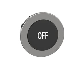 Schneider Electric Harmony XB4 flush trykknap i sort med hvidt "OFF" symbol på en ophøjet trykflade med metalramme.