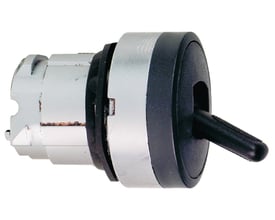 Schneider Electric vippeafbryder ZB4BD28 med krombelagt metalring og sort håndtag på hvid baggrund.