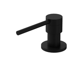 Lavabo Kubus sæbedispenser i mat sort med cylindrisk pumpehoved, lang arm og rund monteringsflange.