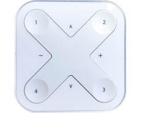 Oversigtsbillede af Casambi Xpress LR trådløst panel, hvidt, med tydelige symboler for knapperne og en centreret X-formet udskæring.