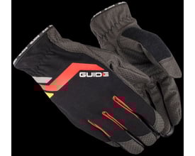 Guide handske 5116 i størrelse 11, med sort og grå detaljer, røde syninger og Guide logo. Handsken har et mønstret greb på håndfladen.