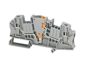 Schneider Electric Linergy TR skilleklemme til 6mm2 ledere i grå plast med orange detaljer og metalterminaler.