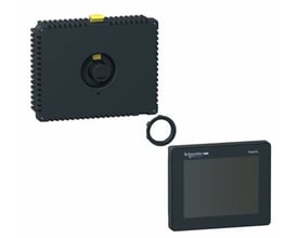 Schneider Electric Magelis STO/STU 3,5" touch panel skærmkomponenter i grå plast med ribbet bagside og monteringsring.