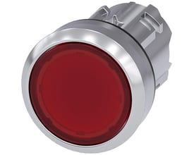 Siemens 22mm oplyst trykknap i skinnende metal med flad, rund, rød trykflade og låsemekanisme.