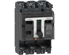 Schneider Electric 3-polet maksafbryder, ComPacT NSX100F DC, grå og sort, med tydelig betjeningshåndtag og mærkat.