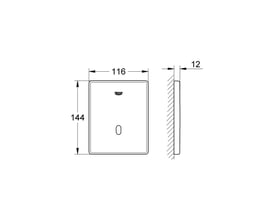 Teknisk tegning af Grohe Tectron Skate urinal armatur, der viser mål 116x144 mm og dybde på 12 mm.