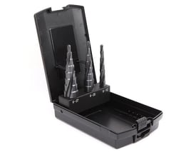 Ironside Super TiALN-trinborsæt med tre trinbor i åbent sort etui, mærket 6–27, 6–20 og 6–12 mm.