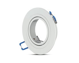 V-TAC hvid downlight fitting i aluminium med drejelig ring og blå monteringsclips.