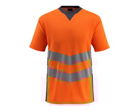 Frontbillede af Mascot Sandweel HI-VIS T-shirt i str. M, orange med mørkeblå sidepaneler og reflekser.
