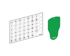 Schneider Electric label kit til sender med 40 ikoner og en grøn sender-holder med cirkulære åbninger.