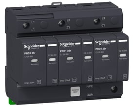 Schneider Electric overspændingsafledning PRD1 25R 3P, type 1, med tre faser mærket L1, L2, L3 og angivet 'limp: 25kA T1'.
