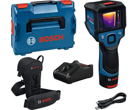 Bosch GTC 12V-450-13 termisk kamera med farveskærm, L-BOXX og tilbehør vist samlet.