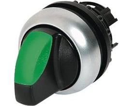 Eaton drejeomskifter i sort plastik med 3 stillinger, 22 mm, med grønt lys og et metallisk ring.