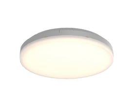 Ansell Lighting Mercurial IP54 plafond, en rund og flad loftlampe i sølv med hvid opal afskærmning, der udsender et blødt, diffust lys.