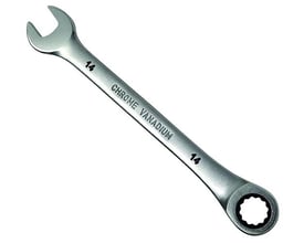 Ironside ringskraldenøglesæt uden omskifter med 12 dele, 8-19 mm; en lige nøgle med 14 mm åbning ses.