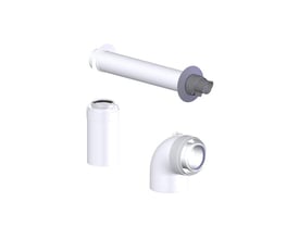 Metalbestos ConneXt vandret aftrækssæt med 80/125 mm indvendig/udvendig diameter, bestående af vinkel, lige rør og væggennemføring.