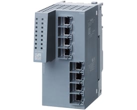 Siemens PE408 PORT udvidelsesmodul med 8 RJ45-porte til Scalance XM400. Gråt plastmodul med tydeligt mærkede porte.