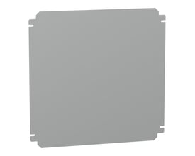 Schneider Electric montageplade i galvaniseret stål, 400 x 400 mm, med fire udskårne hjørner for montering.