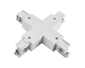 SpectrumLEDs hvide LED-loftlampe er produktet, men motivet viser en krydsformet, hvid skinneforbinder med fire tilslutninger.