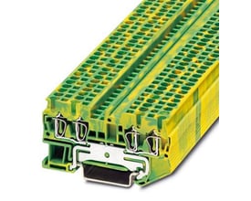 Detaljebillede af Phoenix Contact ST 2,5-QUATTRO-PE jordklemme, viser de fire tilslutninger med fjedermekanisme i gul/grøn.