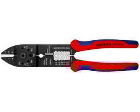 Knipex 97 21 215 crimptang med røde og blå håndtag, viser funktioner for afisolering og crimpning af kabelsko.