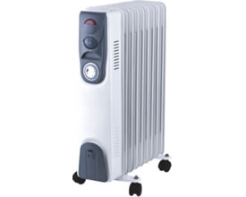 Gripo olietradiator på hjul med 9 ribbede sektioner, 2000W effekt og betjeningspanel i grå og hvid.