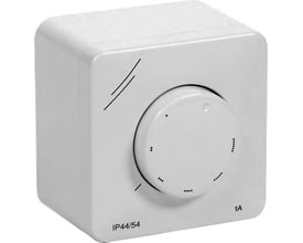 Hvid Systemair REE 1 trinløs hastighedsregulator til AC-motor med rund drejeknap og markering for 1 A.