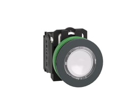 Nærbillede af Schneider Electric flush lampetryk i hvid med angivelser som CE og EAC, 230V LED og 1NO+NC kontakter.