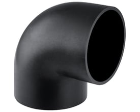 Geberit sort PEH afløbsbøjning på 110 mm med 88,5 graders vinkel, vist isoleret på hvid baggrund.