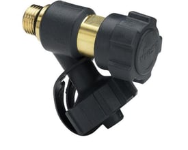 Detalje af Viega 1/4" Easytop aftapventil i rødgods og sort plast, med synlig mærkning.