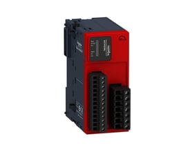Schneider Electric TM3SAC5R sikkerheds udvidelsesmodul set fra venstre side, med fokus på busforbindelseslåsepaler og LED diagnostik.