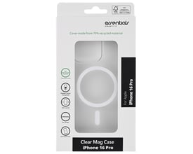 Emballage med transparent MagSafe-cover til iPhone 16 Pro, hvor coveret ses gennem vinduet.