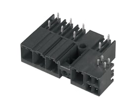 Weidmüller hybrid-konnektor til printkort med fire poler og 7,62 mm afstand, set skråt med metalben synlige.