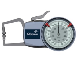 Mitutoyo analog udvendig skydelære med IP65 mærkning, viser tydeligt urskiven med målinger i tommer og en røde viser.