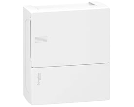 Detalje af Schneider Electric MiniPragma eltavleafdækning i hvid, med synligt Schneider Electric logo på fronten.