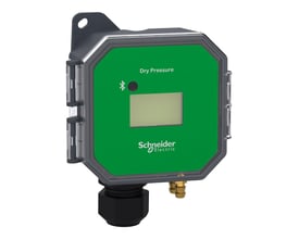 Schneider Electric tryksensor med grønt frontpanel, LCD-display og tydeligt Schneider Electric logo.
