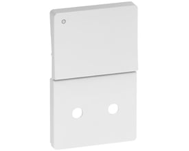 LK FUGA stikkontakt uden jord og med 1-polet afbryder i hvid, 1½ modul, med et lille rundt hul øverst til en LED-lampe.