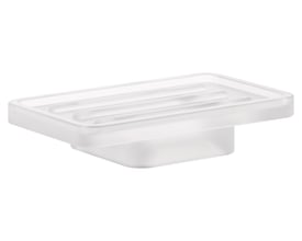 Elegant GROHE Selection Cube sæbeskål i matteret glas, designet til at holde sæben tør på badeværelset.