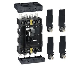 Schneider Electric motordrev MT400/630 110-130VAC adskilt i dele på hvid baggrund.