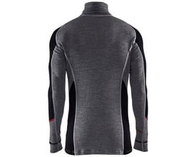 Blåkläder Workwear undertrøje bagfra i grå og sort merinould med høj krave og lynlås, str. L.