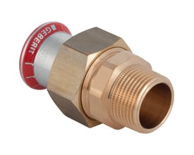Geberit Mapress FZ Union 15 mm x 1/2" forskruning af messing med rød og hvid Geberit presseindikator, viser muffe og nippel-tilslutning.