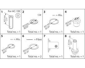 Diagram over vedligeholdelsessæt til Danfoss EVRA 3 og EVRS 3 ventiler, viser 8 forskellige dele med mål.