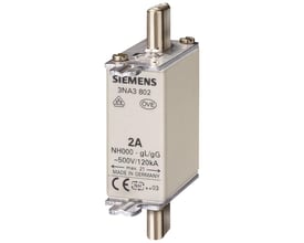 Siemens LV HRC sikring 3NA3 802, NH000, 2A, 500V, med frontindikator og CE-mærkning, fremstillet i Tyskland.